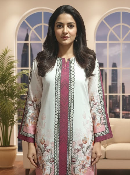 Woman wearing a traditional outfit with floral patterns in a room with a cityscape view.